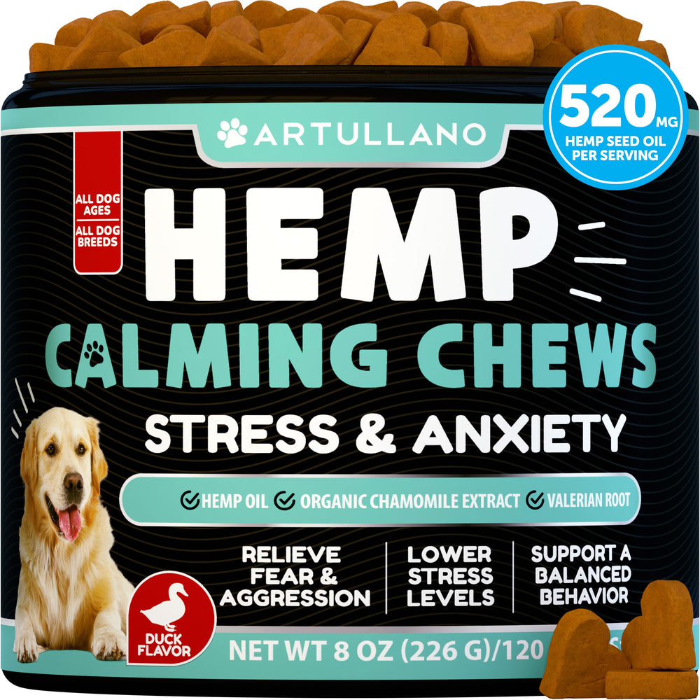 Artullano Hemp Calming Chews for Dogs bottle promotes calm moments.