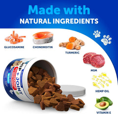 Artullano ingredients display—glucosamine, chondroitin, MSM, hemp oil for joint health.