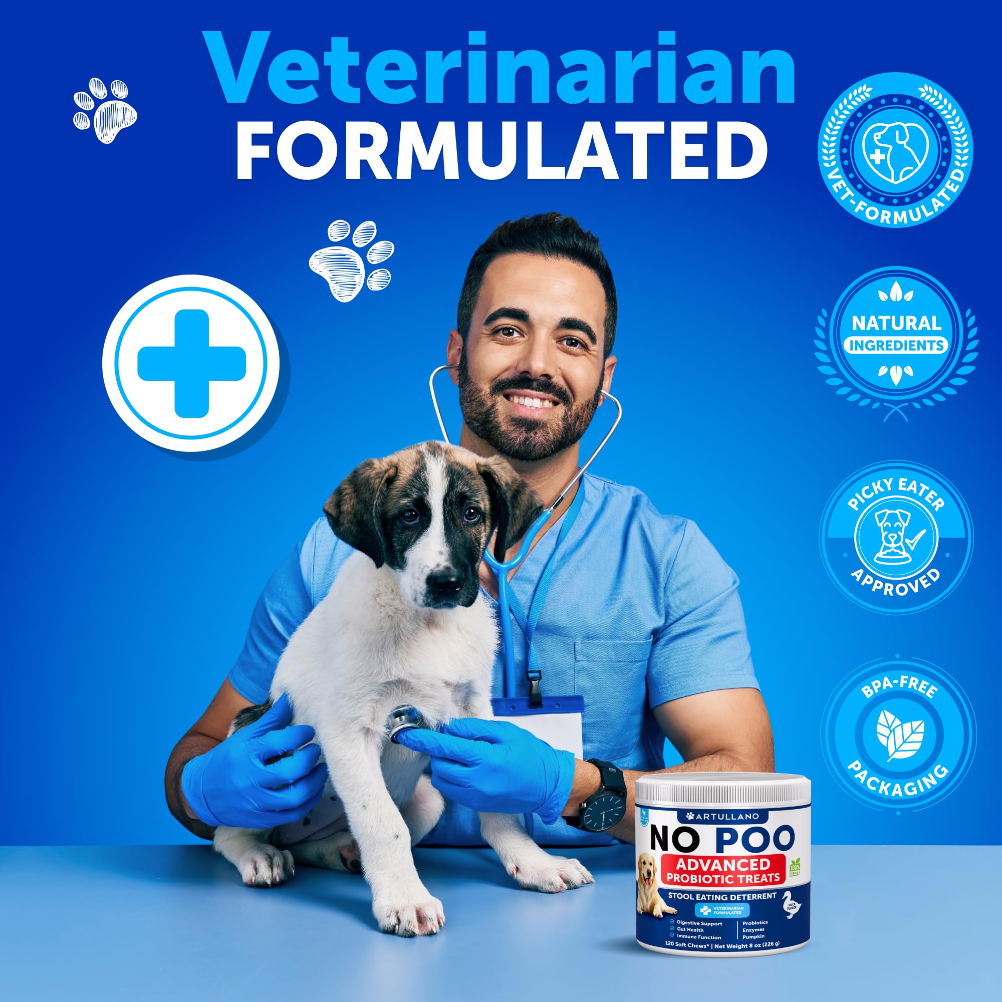 Artullano No Poo Chews shown near breath icon for fresh-mouth potential.