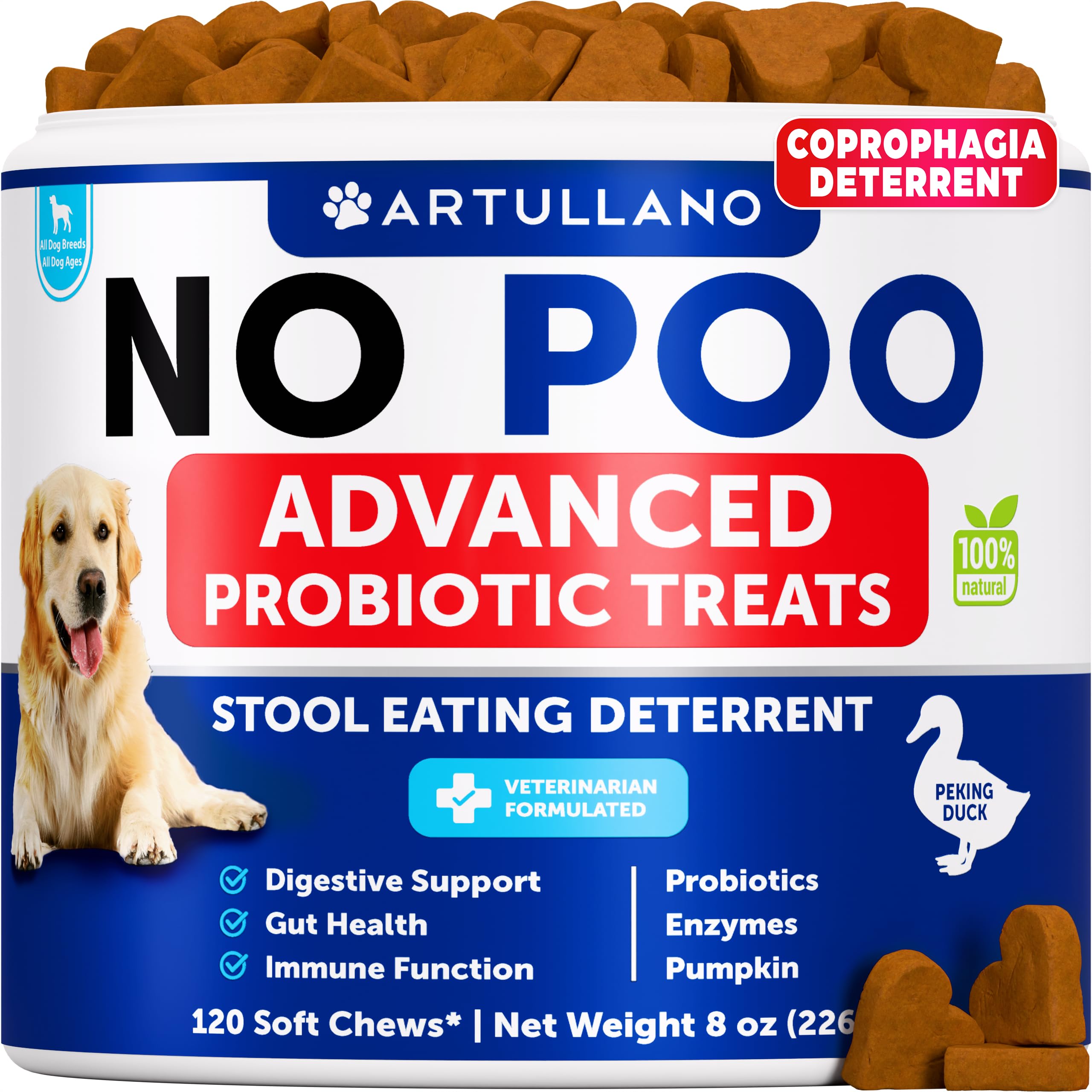 Artullano No Poo Chews bottle for dogs promotes gut health and deterrence against stool eating.
