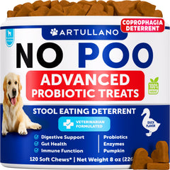 Artullano No Poo Chews packaging close-up shows USA-made stool deterrent for dogs.