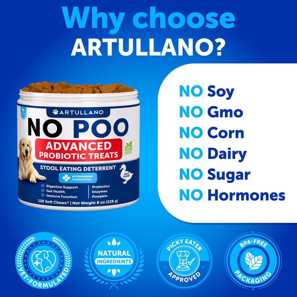 Puppy enjoys Artullano No Poo Chews, suggesting digestive support.