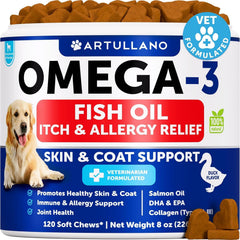 Artullano Omega-3 dog chews in duck flavor for itchy skin support.