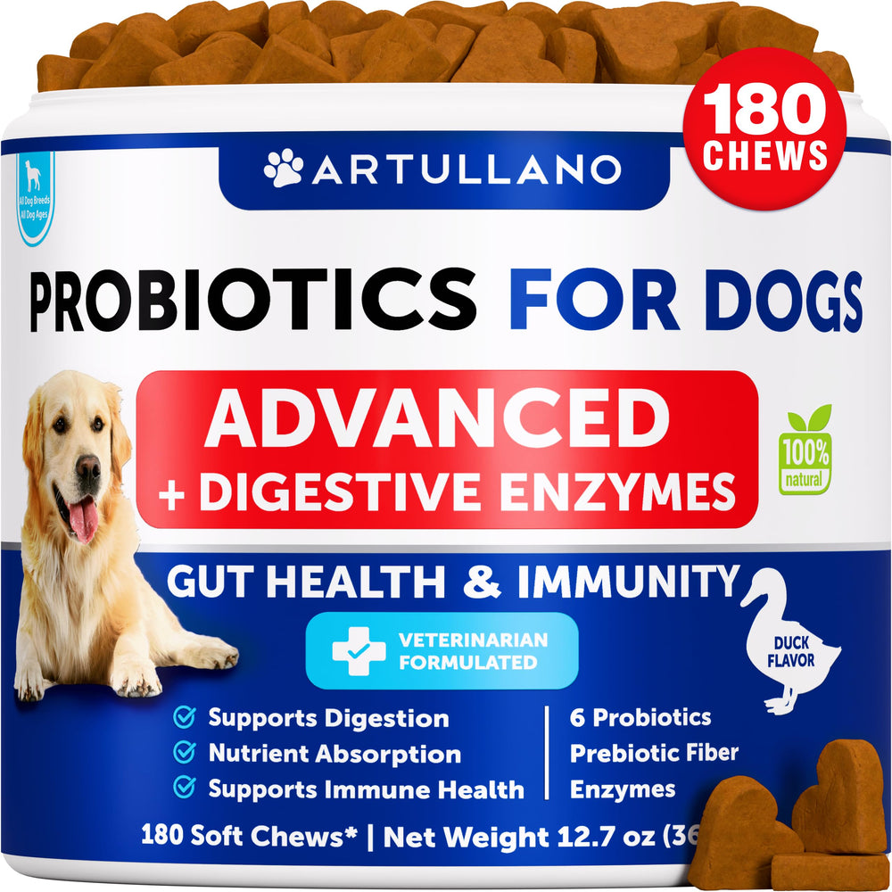 Artullano probiotics for dogs in duck-flavor chews support digestion and palatability.