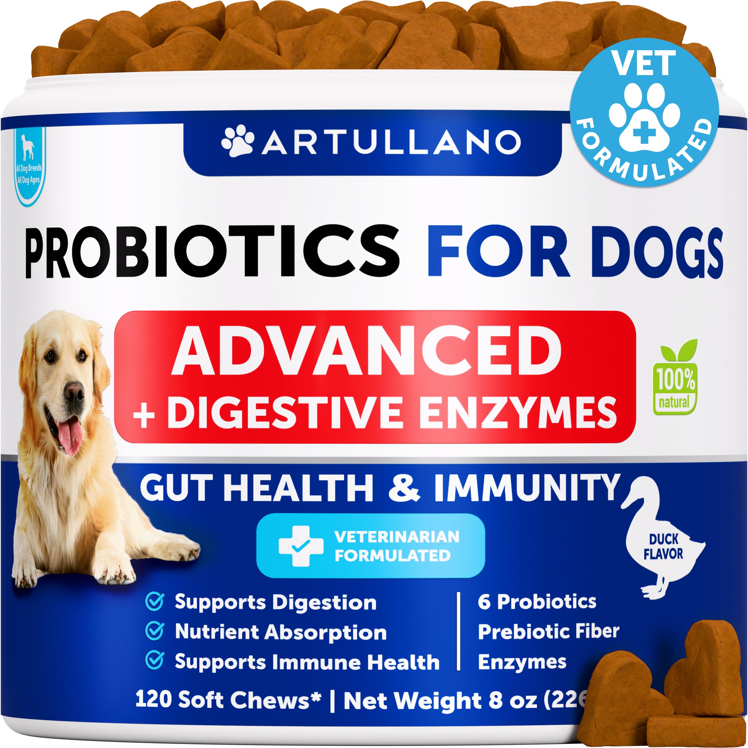 Artullano Probiotics for Dogs with duck flavored soft chews in pack, promoting gut balance.