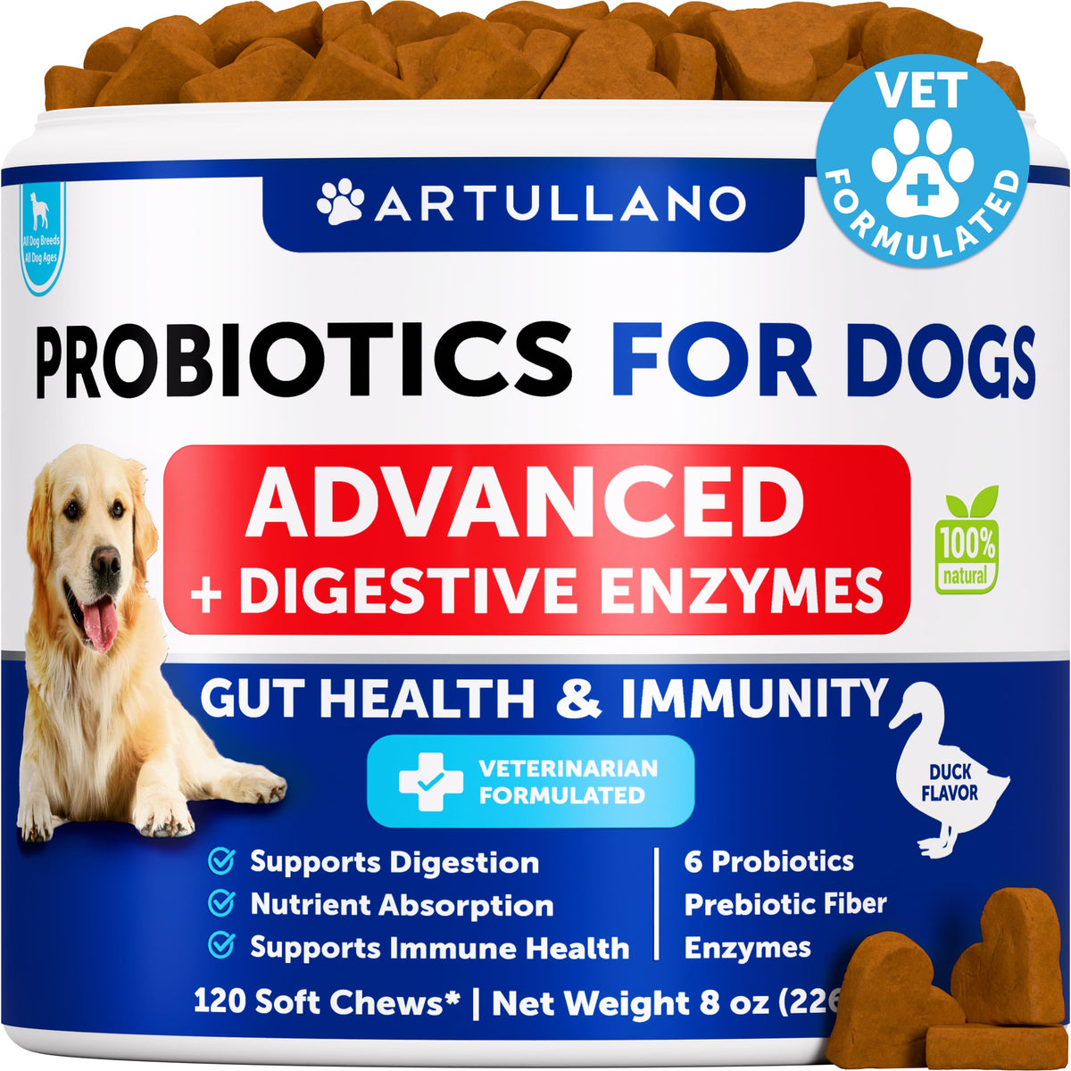 Artullano Probiotics for Dogs with duck flavored soft chews in pack, promoting gut balance.