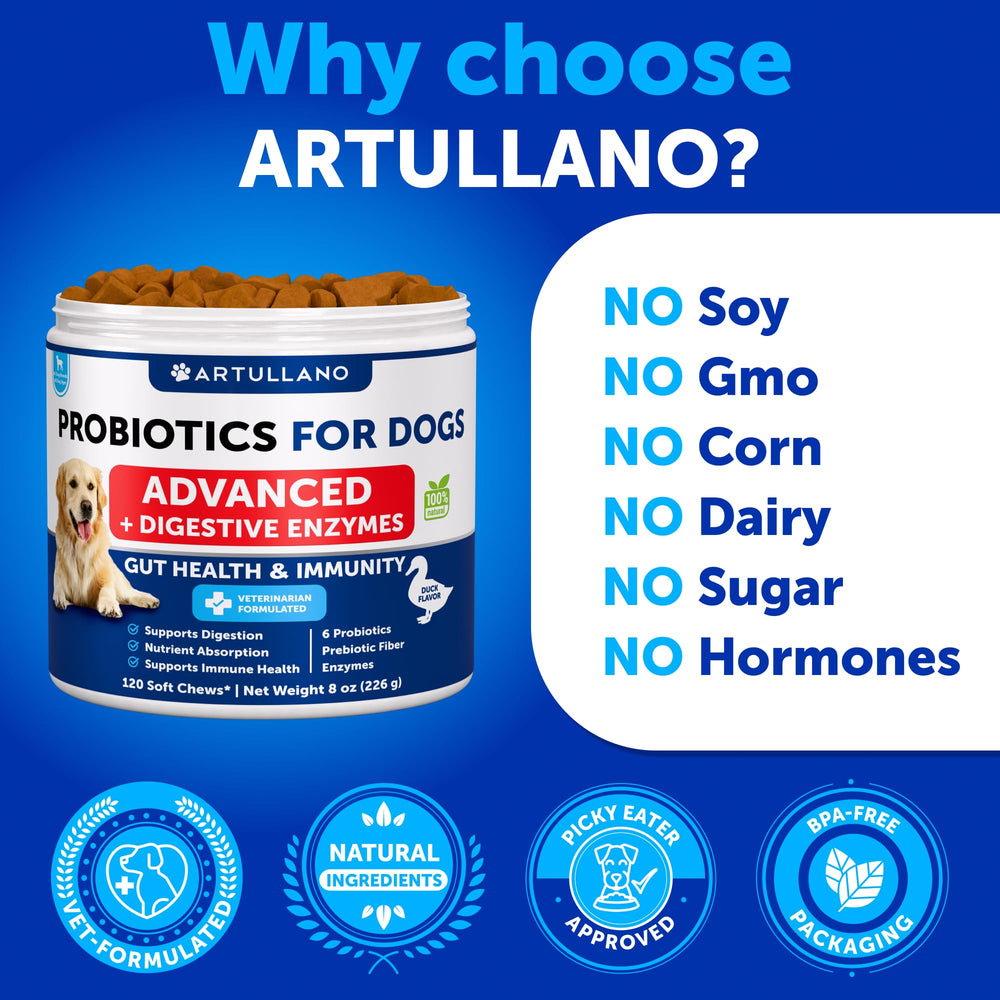 Artullano Probiotics for Dogs natural ingredients label emphasizing purity.