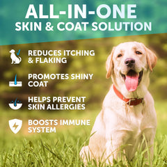 Artullano salmon oil bottle highlighting EPA and DHA for a healthier coat.