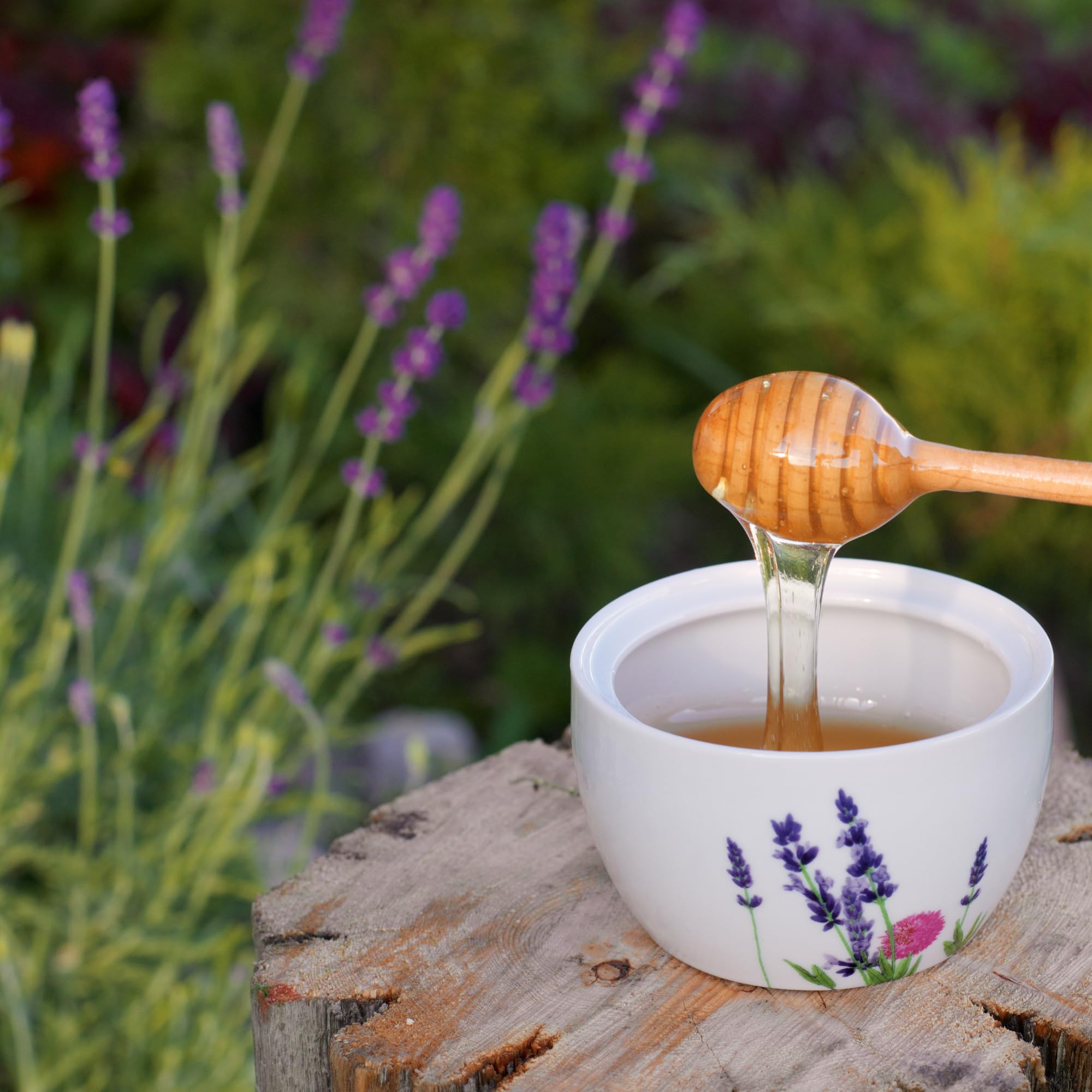 Arvoli Lavender Honey jar on counter, ideal for drizzling into coffee or yogurt