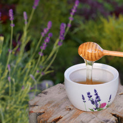 Arvoli Lavender Honey jar on counter, ideal for drizzling into coffee or yogurt