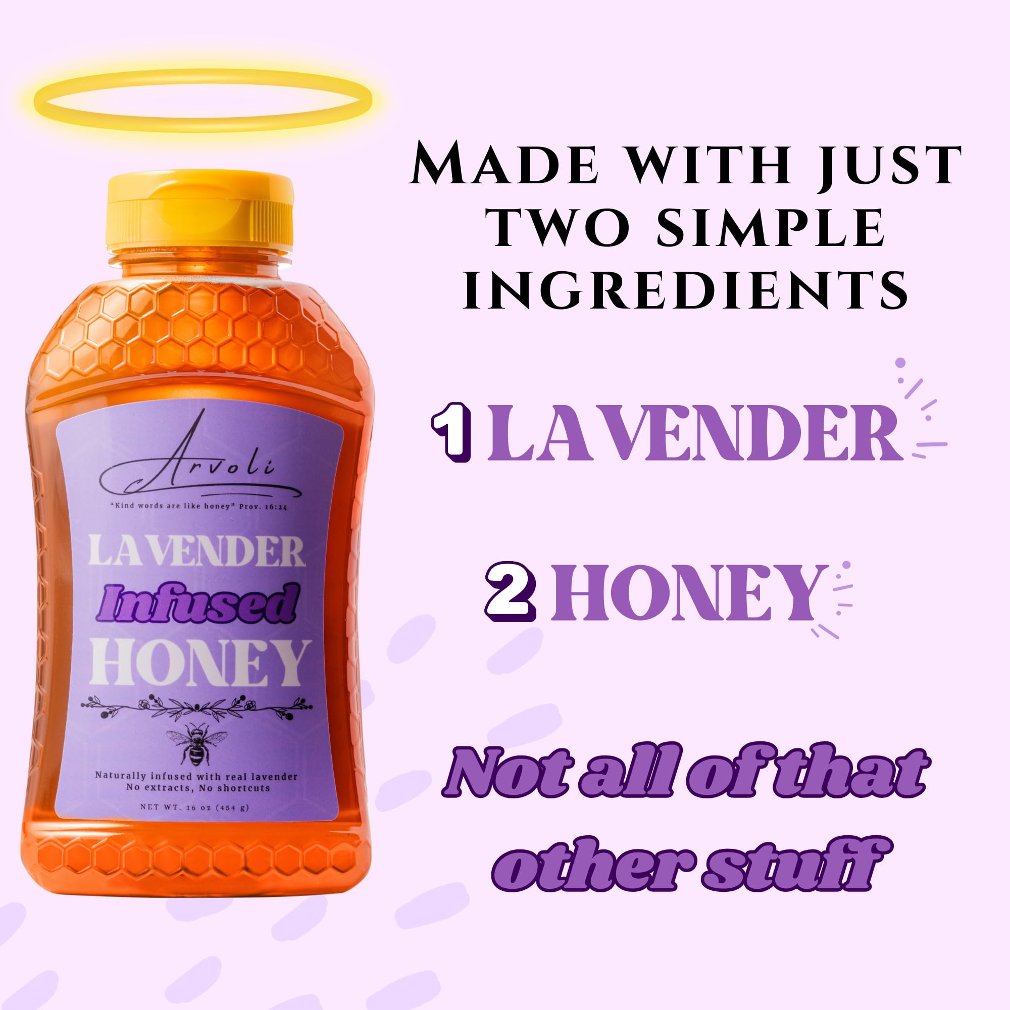 Arvoli Lavender Honey being poured over tea, suggesting floral sweetness