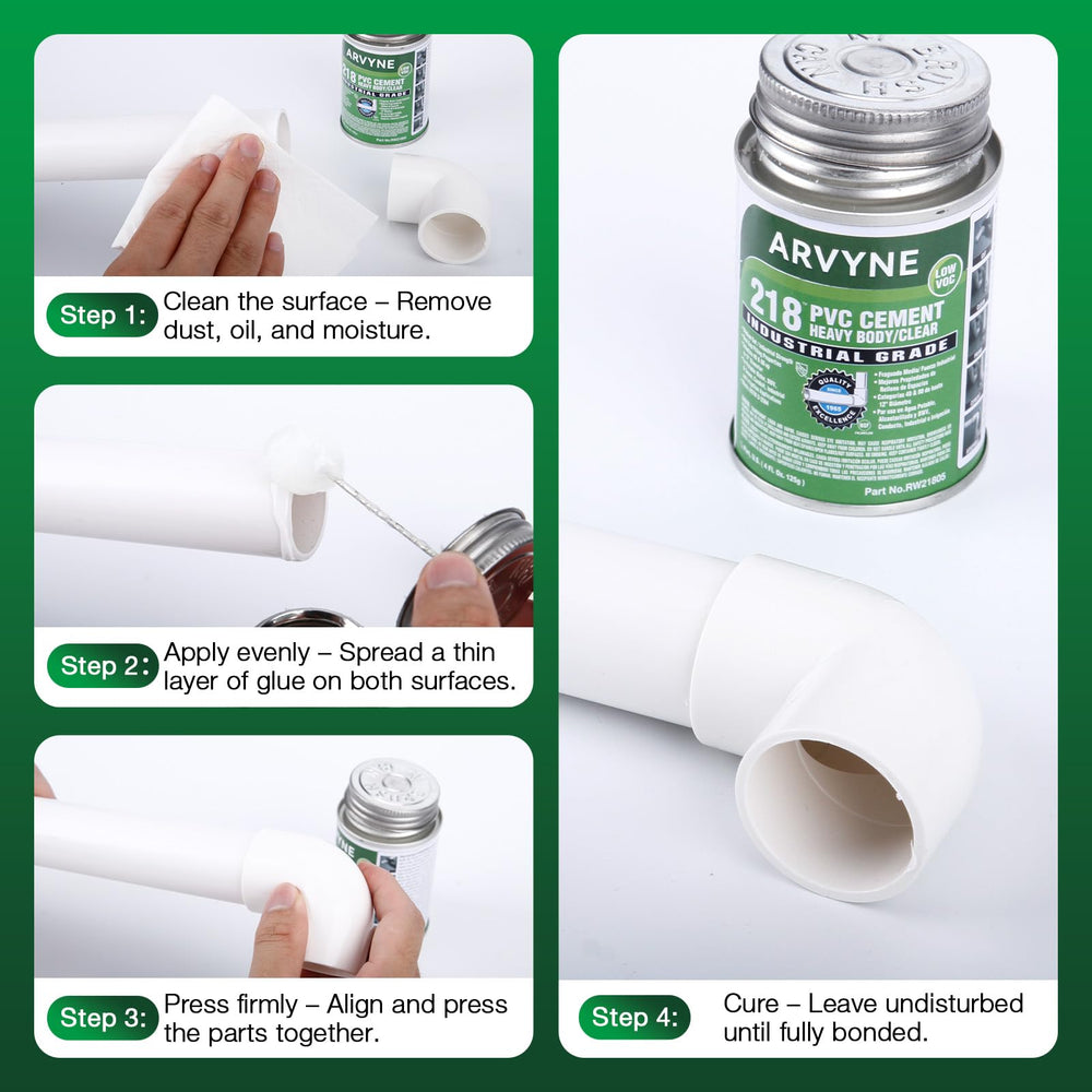 ARVYNE PVC Cement crystal-clear dry finish after application
