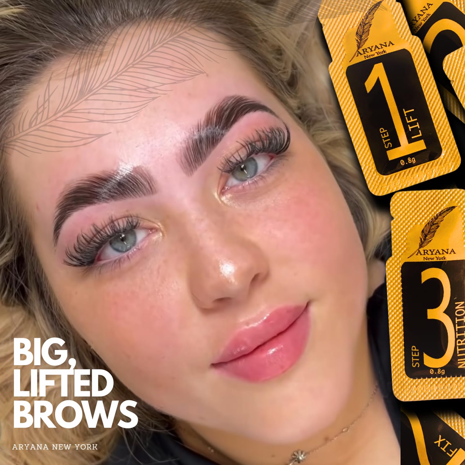 Aryana New York Brow Lamination Kit before-and-after visuals show potential results.