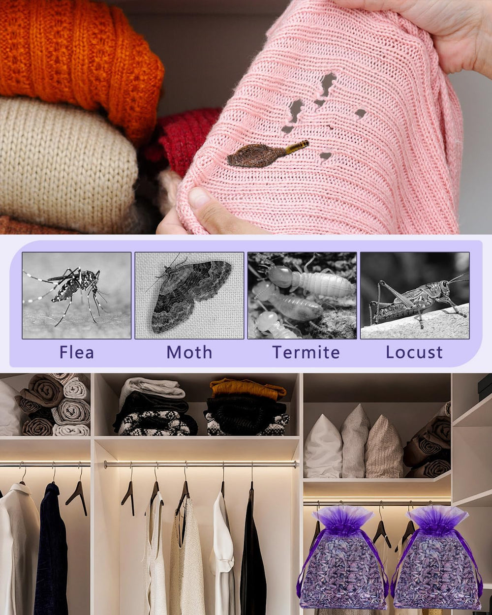 Aryiten French lavender sachet in a drawer keeps clothes smelling clean.