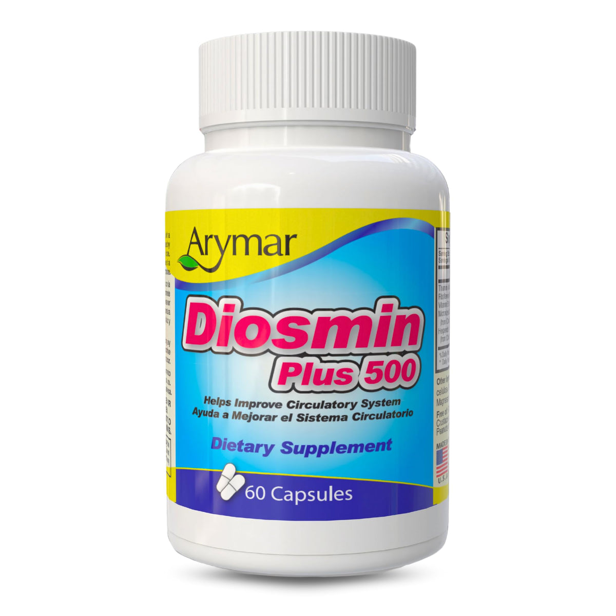 Arymar Diosmin 500mg bottle on white surface signaling circulatory support.