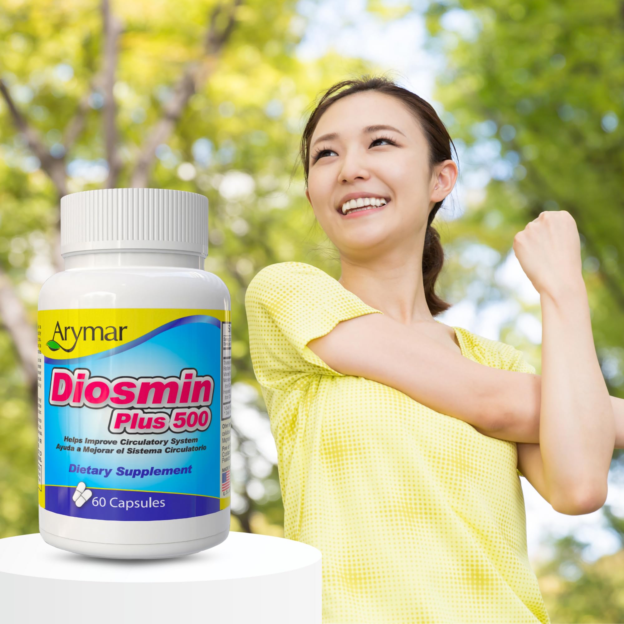 Arymar Diosmin bottle with dosing schedule for easy daily use.