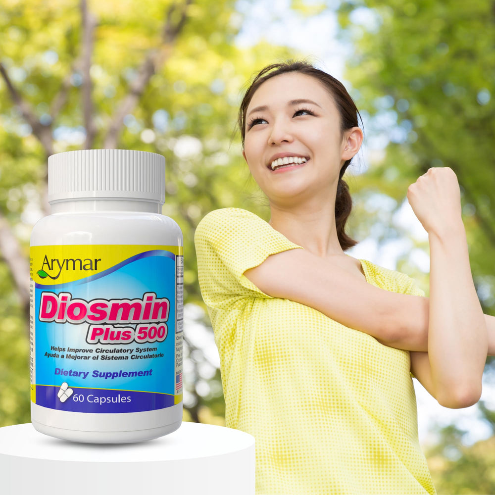 Arymar Diosmin bottle with dosing schedule for easy daily use.