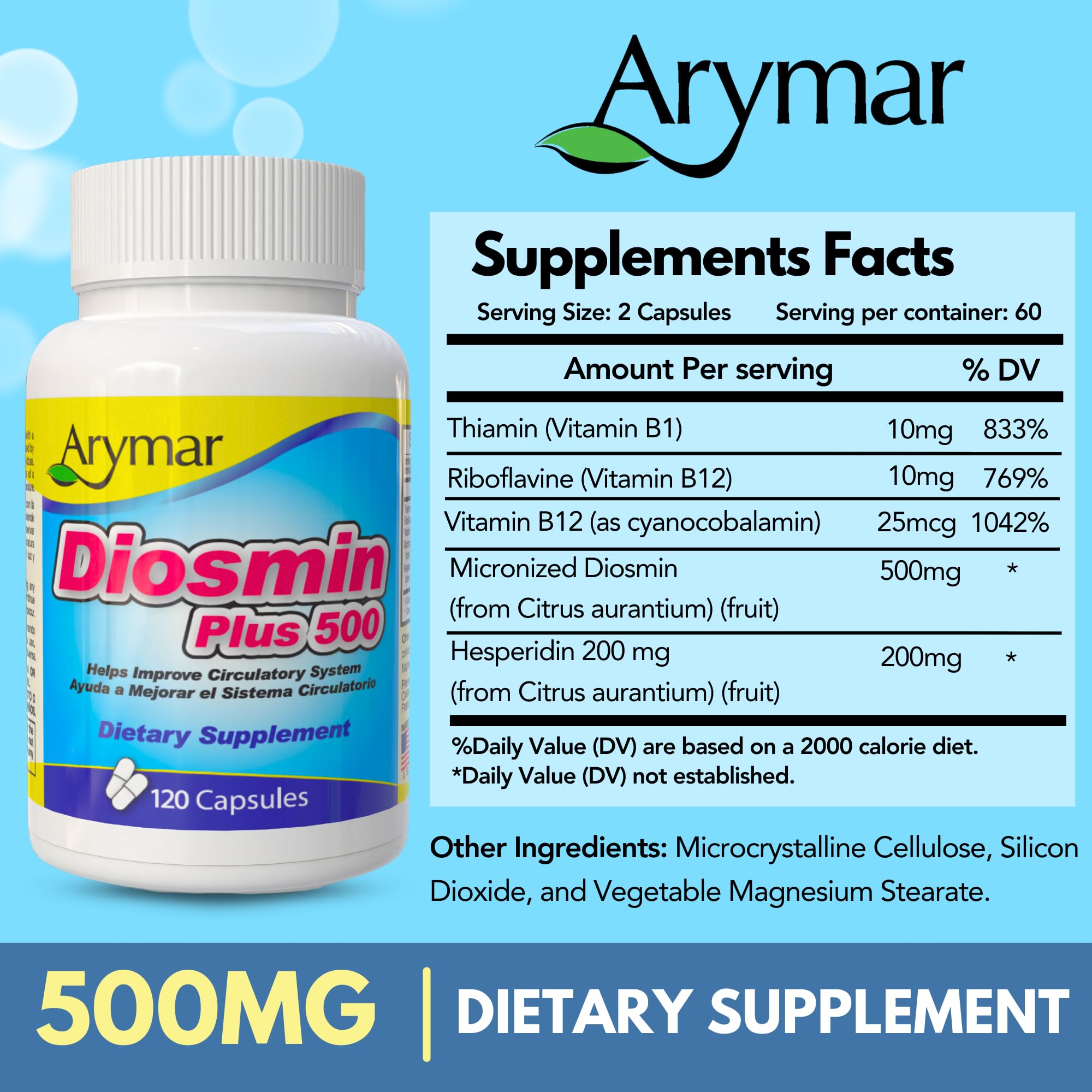 Image highlights vein health benefits via Diosmin Plus 500.