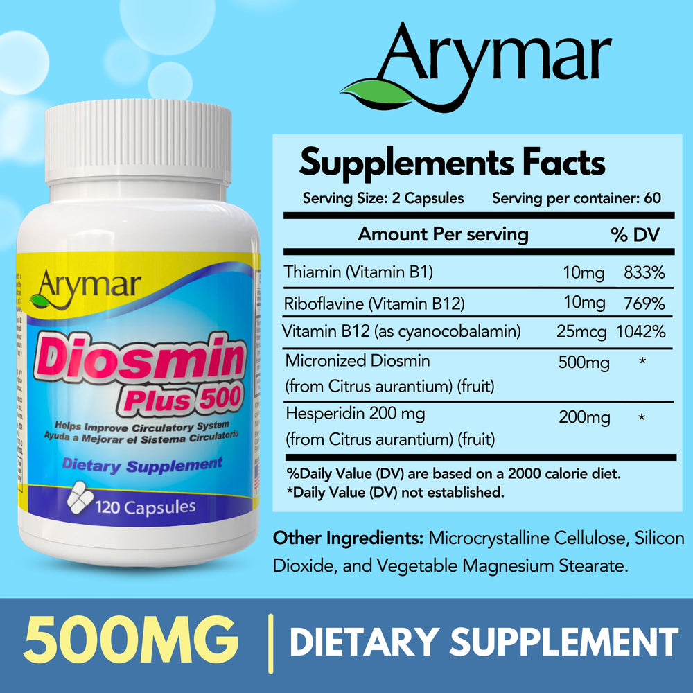 Image highlights vein health benefits via Diosmin Plus 500.