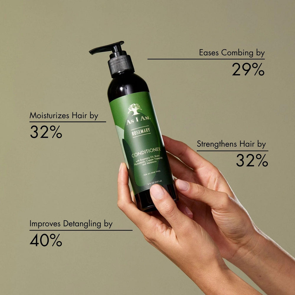 As I Am Rosemary Conditioner label closeup highlighting biotin and saw palmetto
