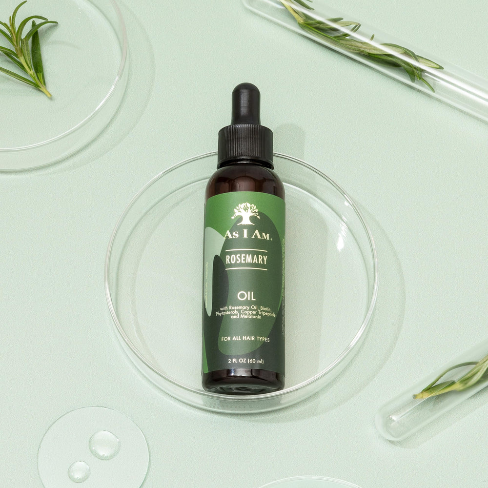 As I Am Rosemary Oil label close-up shows premium hair care.