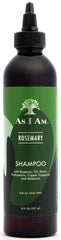 As I Am Rosemary Shampoo 8oz bottle, showcasing branding and convenient packaging.