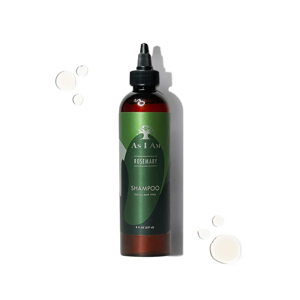 As I Am Rosemary Shampoo on bathroom counter ready for daily use.