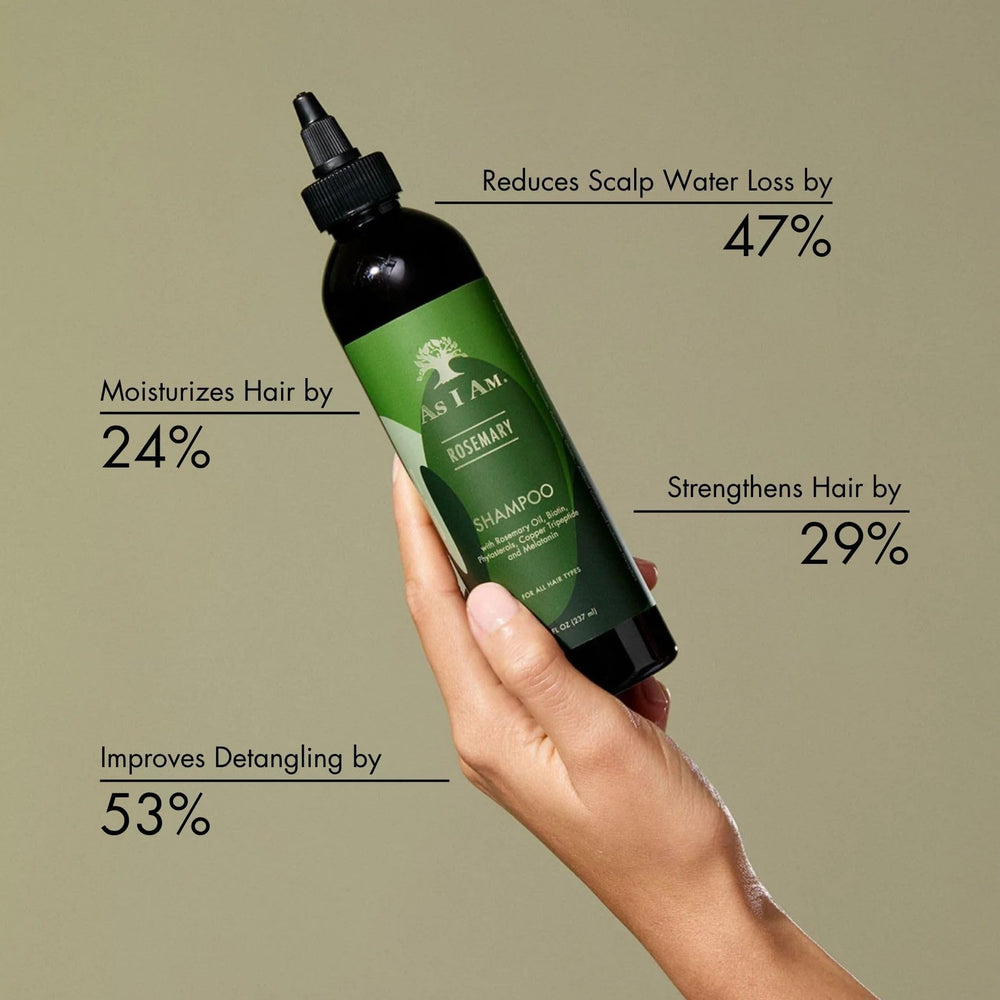 As I Am Rosemary Shampoo label close-up highlighting ingredients and branding.