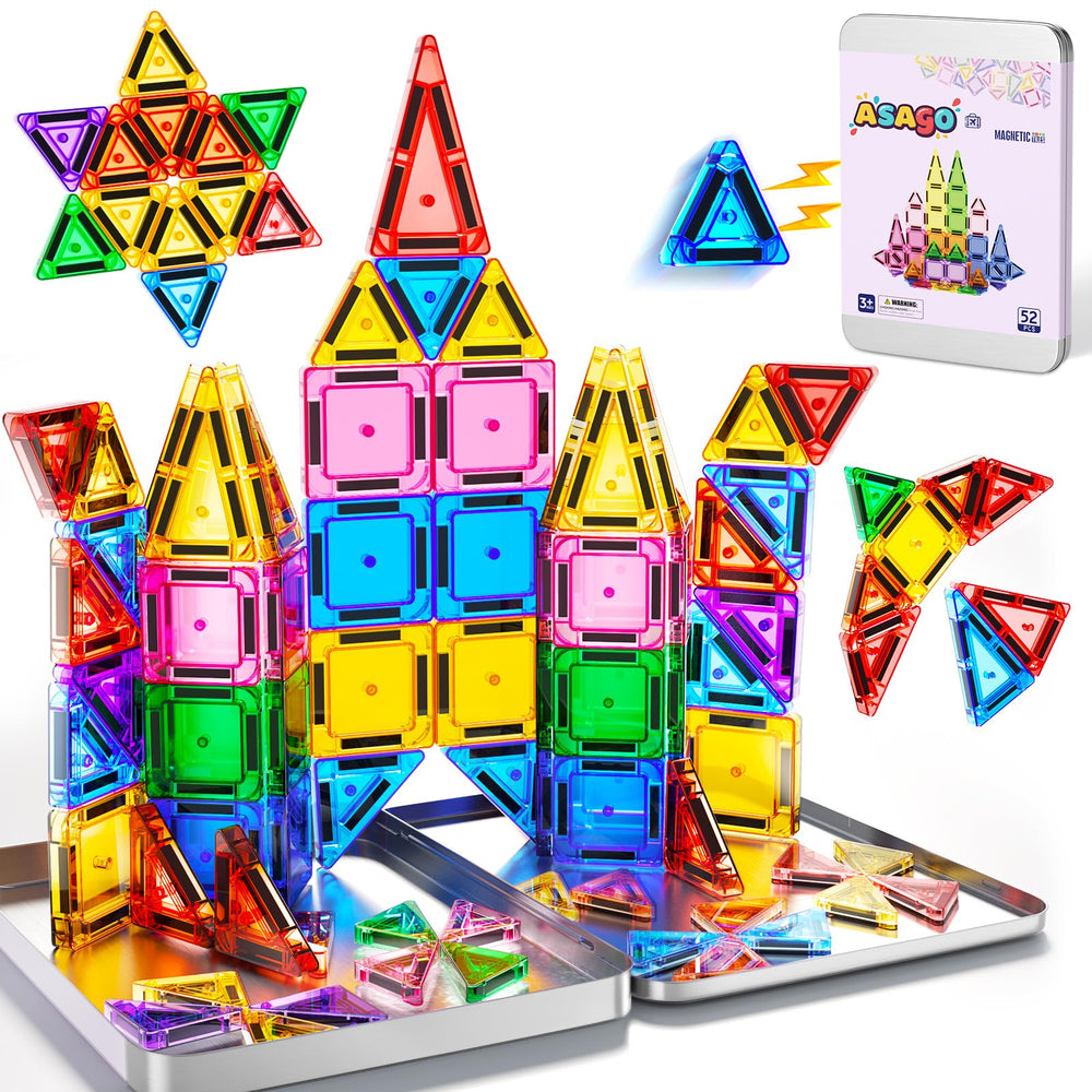 Asago 52PCS mini magnetic tiles in travel tin for easy storage and on-the-go play