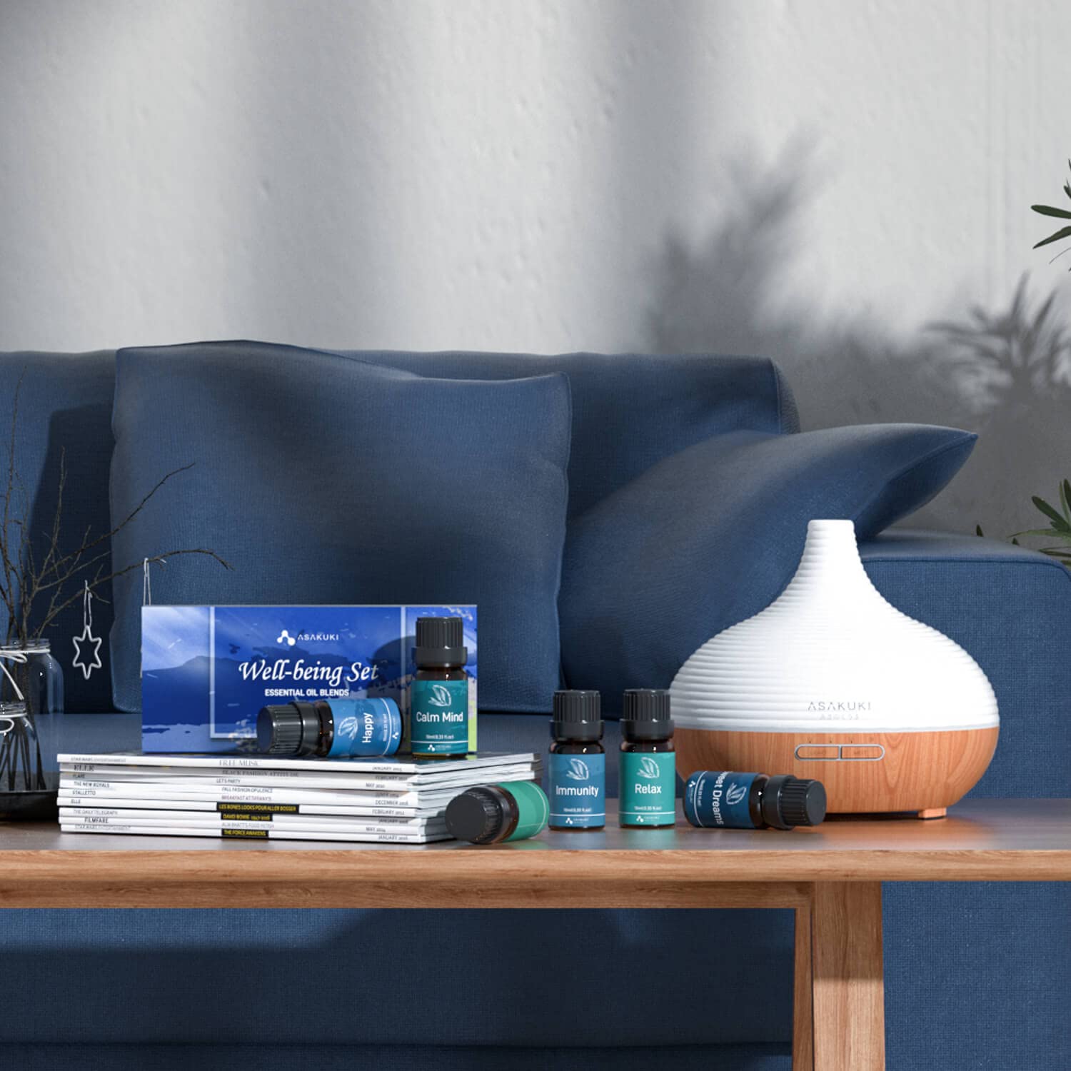 ASAKUKI blends calm mind bottle offers tranquil scent for focused relaxation.