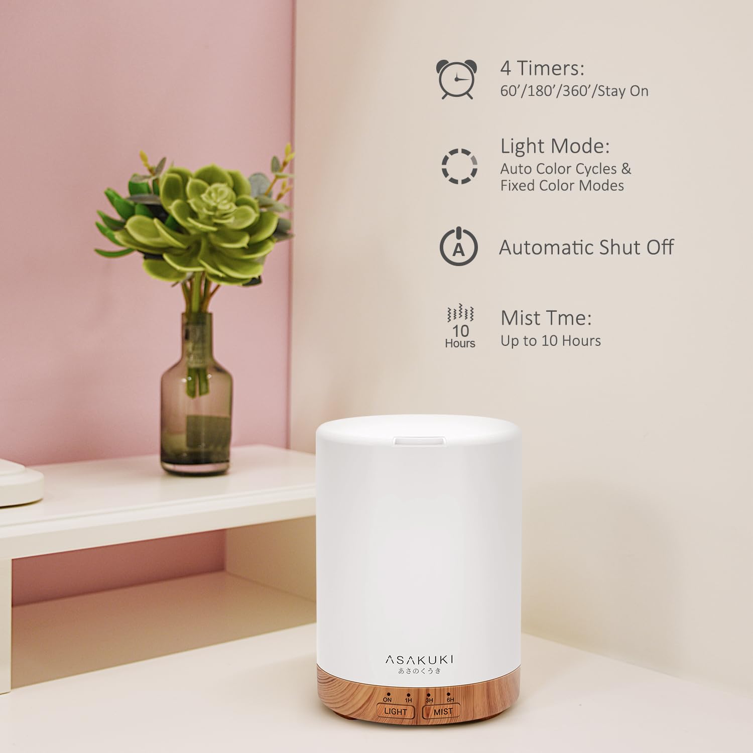 ASAKUKI diffuser with 7 LED lights creates ambient mood lighting
