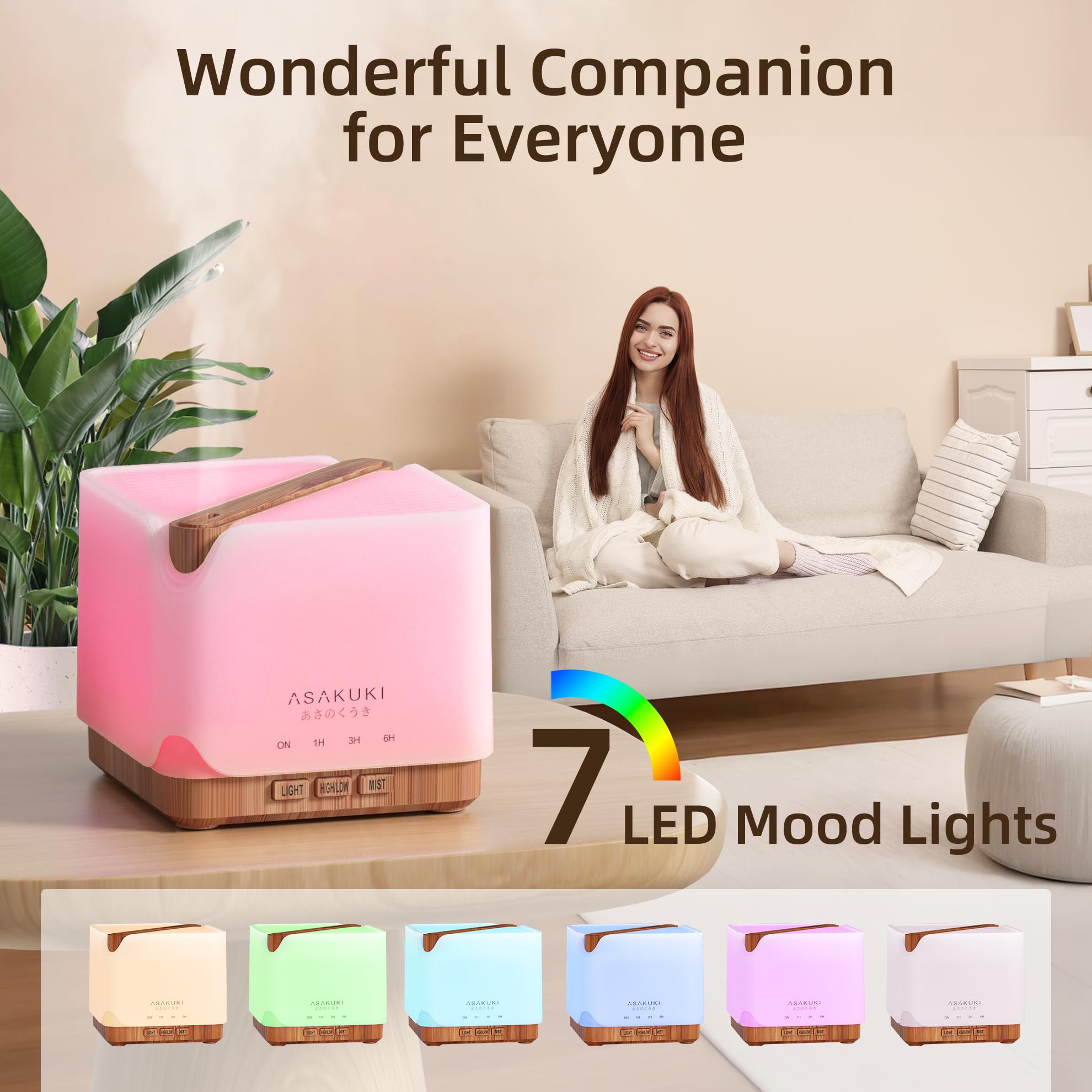 ASAKUKI diffuser with color-changing LEDs creates inviting evenings.