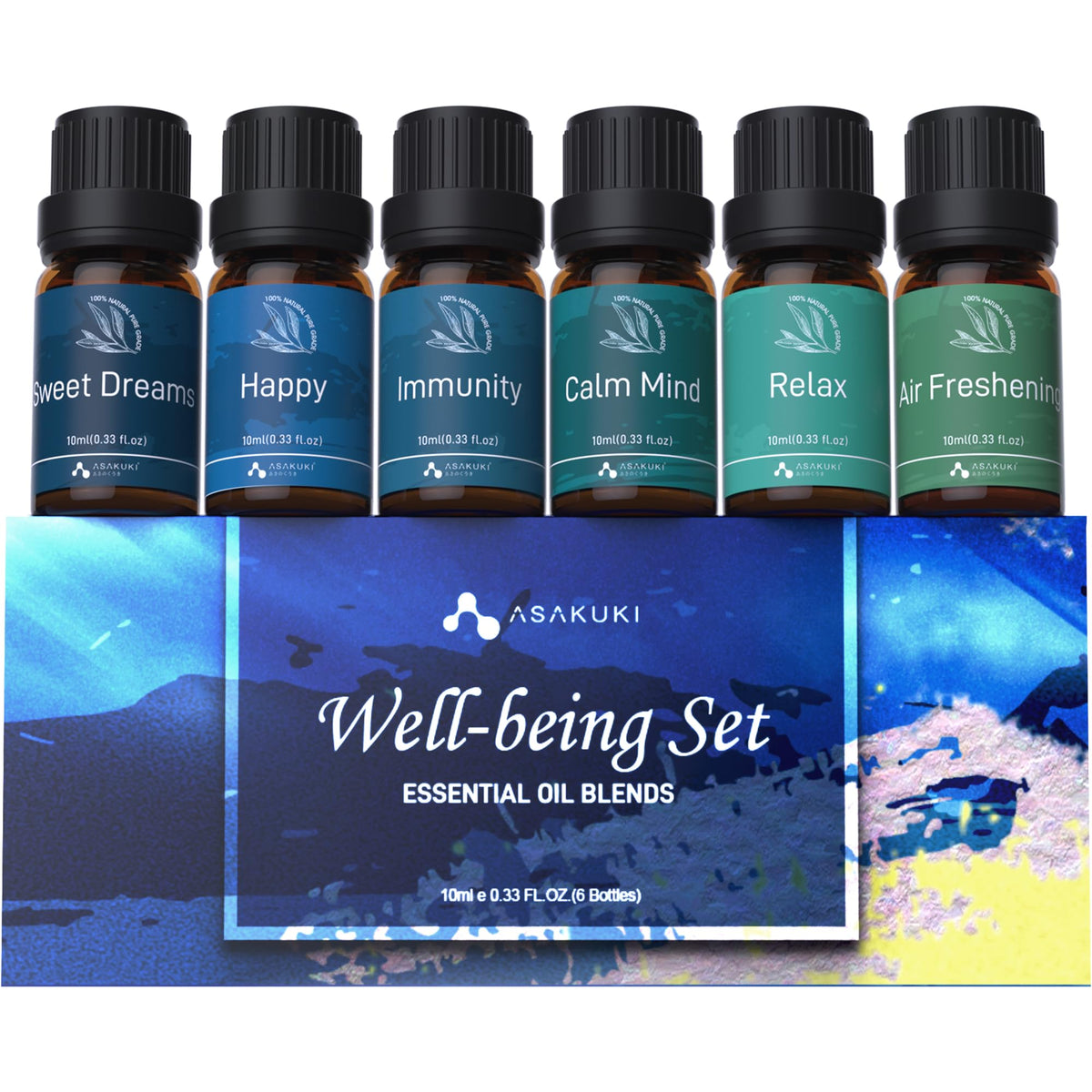 ASAKUKI Well-Being Kit storage box keeps six oils organized for quick diffusing.