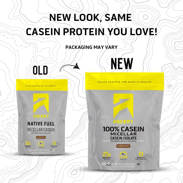 Ascent Casein powder scoop aids precise 25g protein servings.