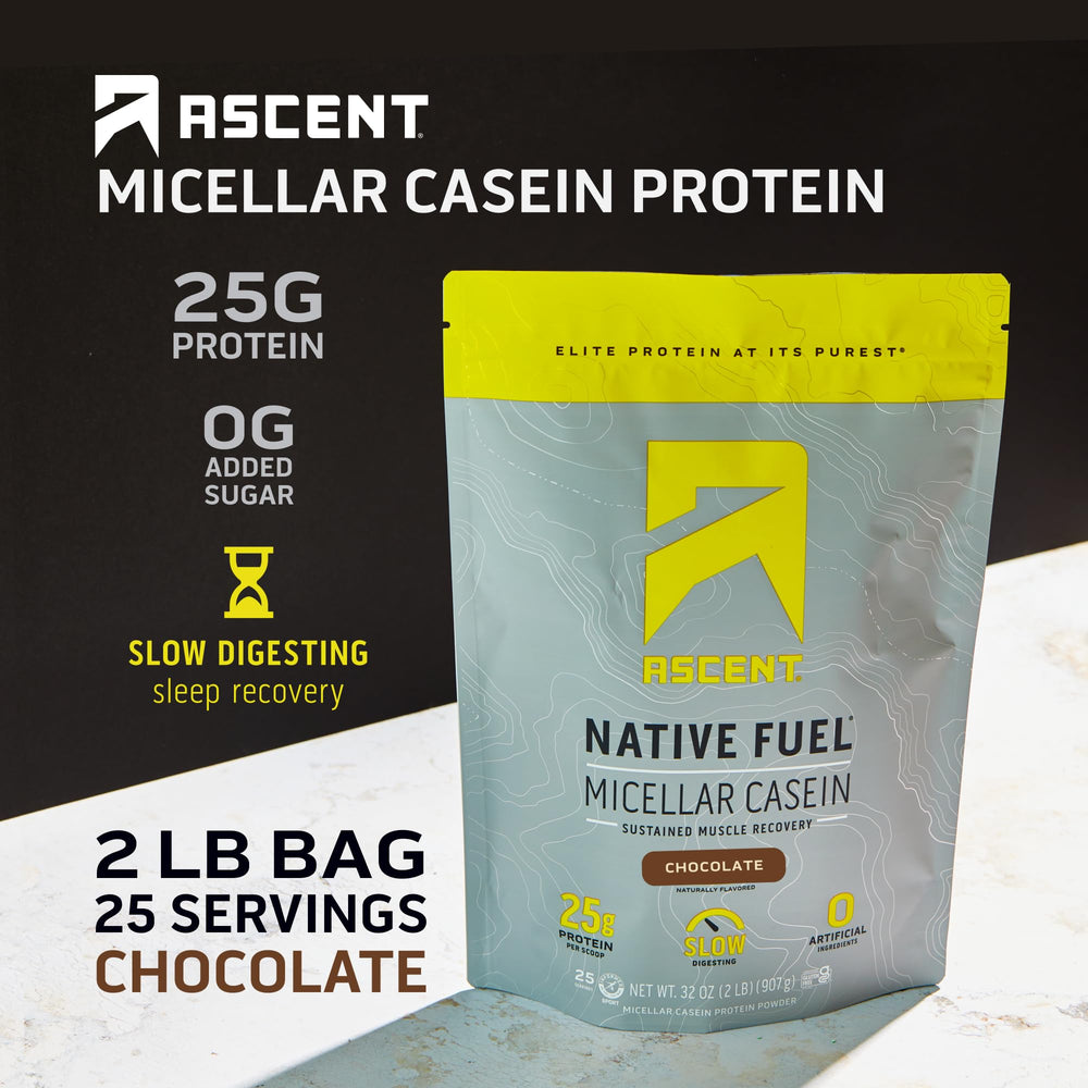Ascent Casein powder zero added sugar highlights clean nutrition.