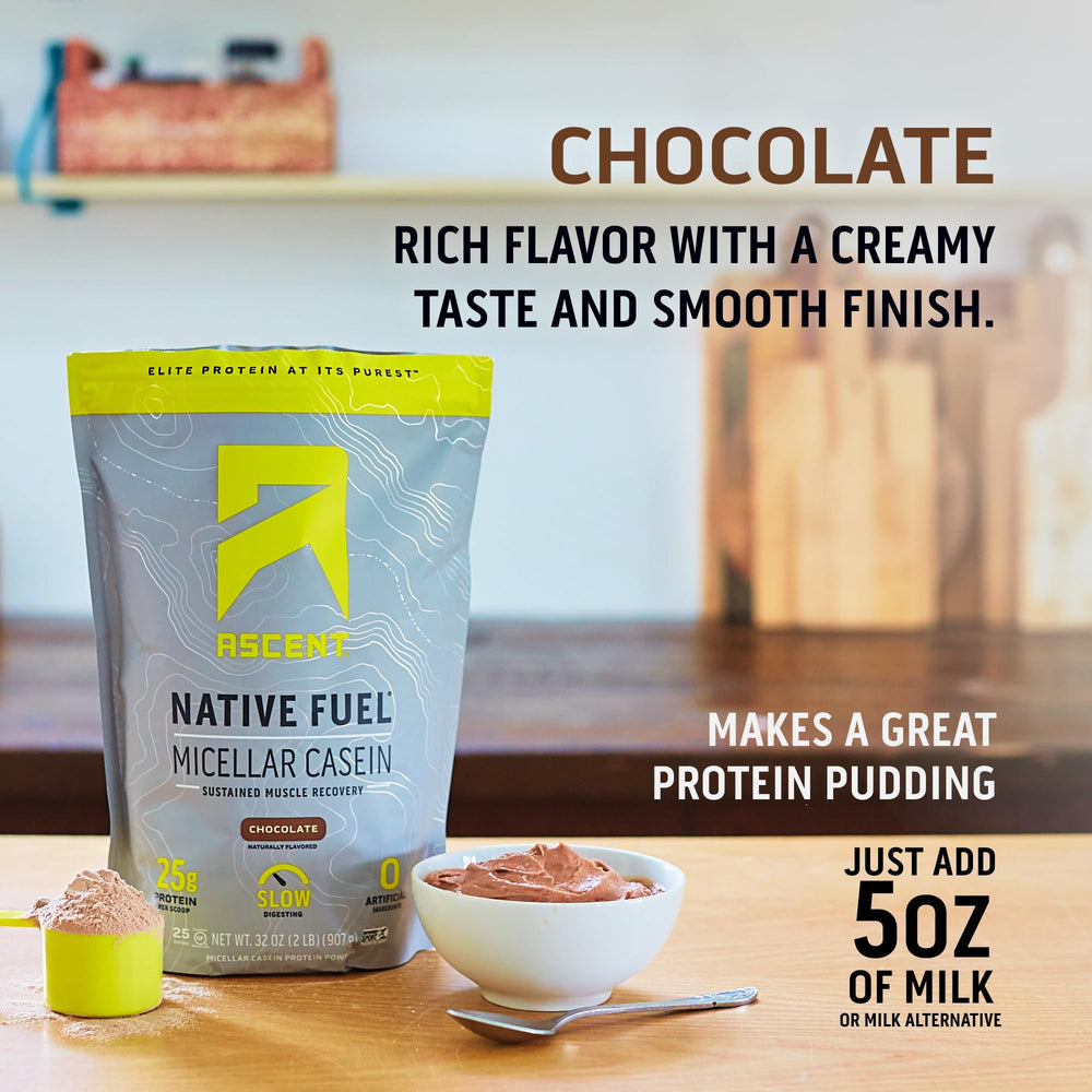 Ascent Casein pudding setup demonstrates high-protein dessert idea.