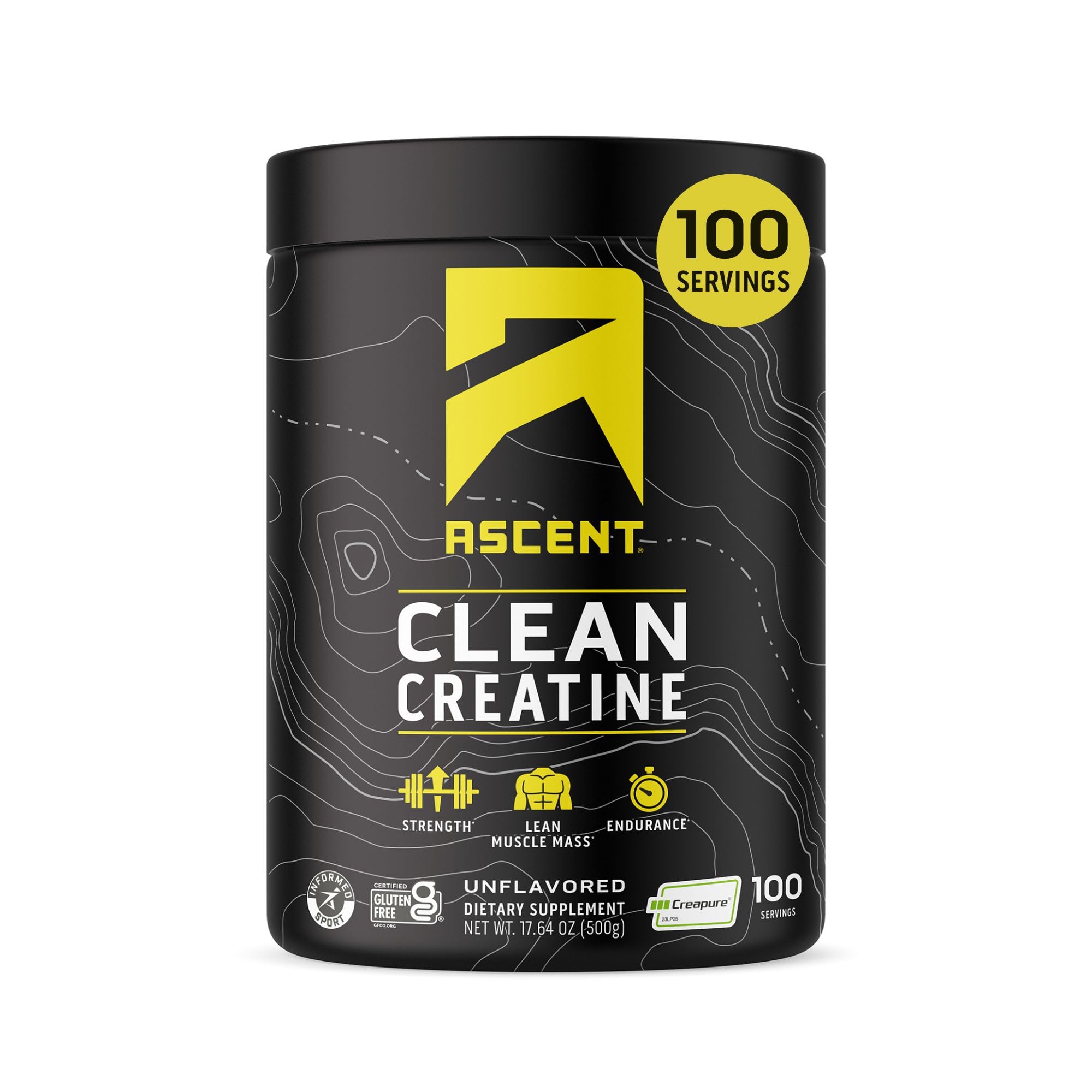 Ascent Clean Creatine bottle shows Creapure purity for reliable workouts.