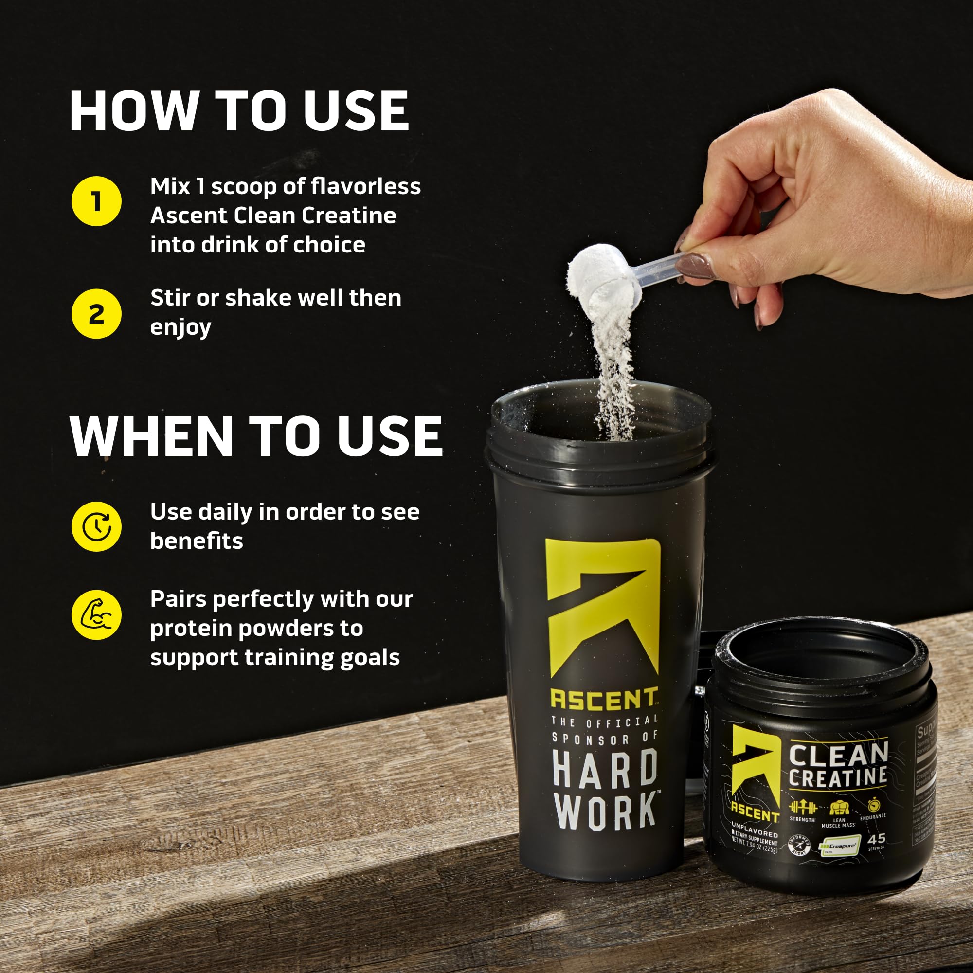 Ascent Clean Creatine Monohydrate powder next to shaker highlights strength support potential.
