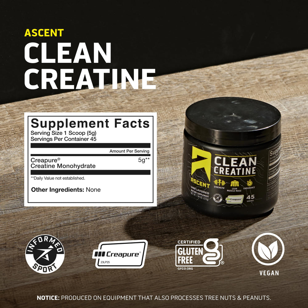 Ascent Clean Creatine Monohydrate tub closeup emphasizes high-quality Creapure formula.