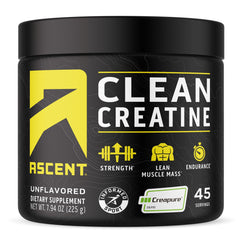 Ascent Clean Creatine Monohydrate tub front shows unflavored formula for workouts.