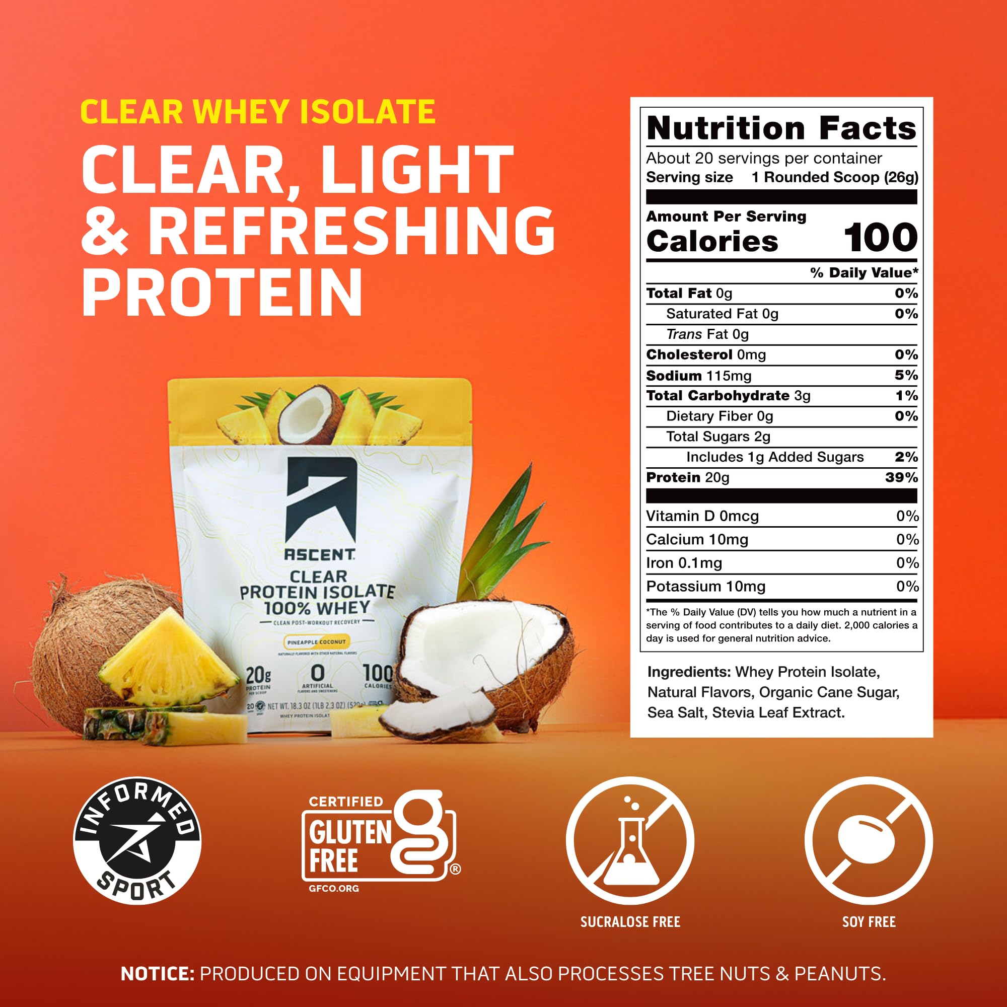 Ascent Clear Whey Pineapple Coconut shake in a glass for refreshing recovery.