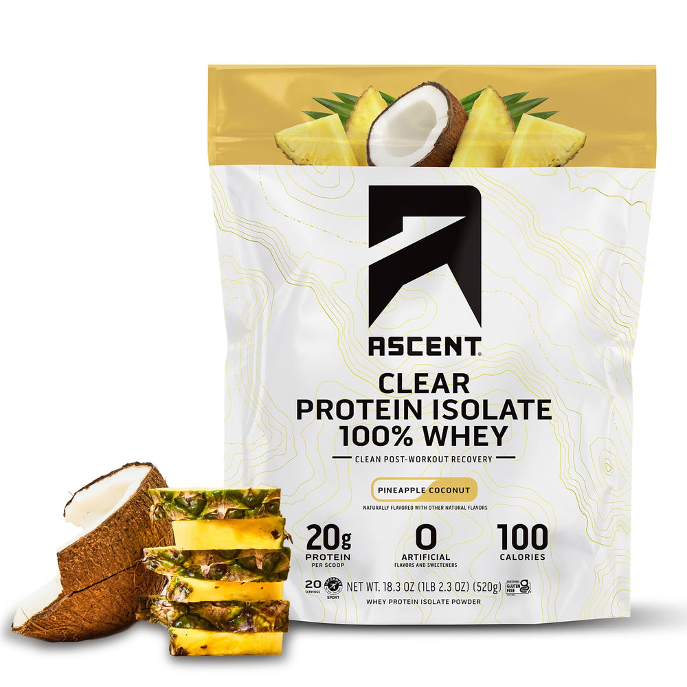 Ascent Clear Whey Pineapple Coconut tub front view for post-workout refreshment.