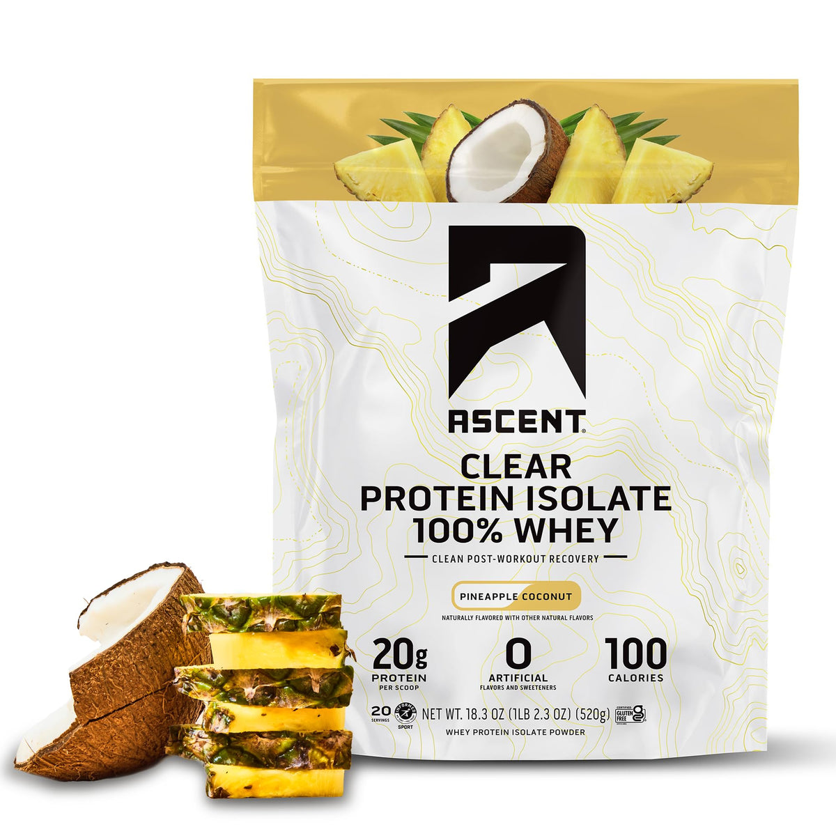 Ascent Clear Whey Pineapple Coconut tub front view for post-workout refreshment.