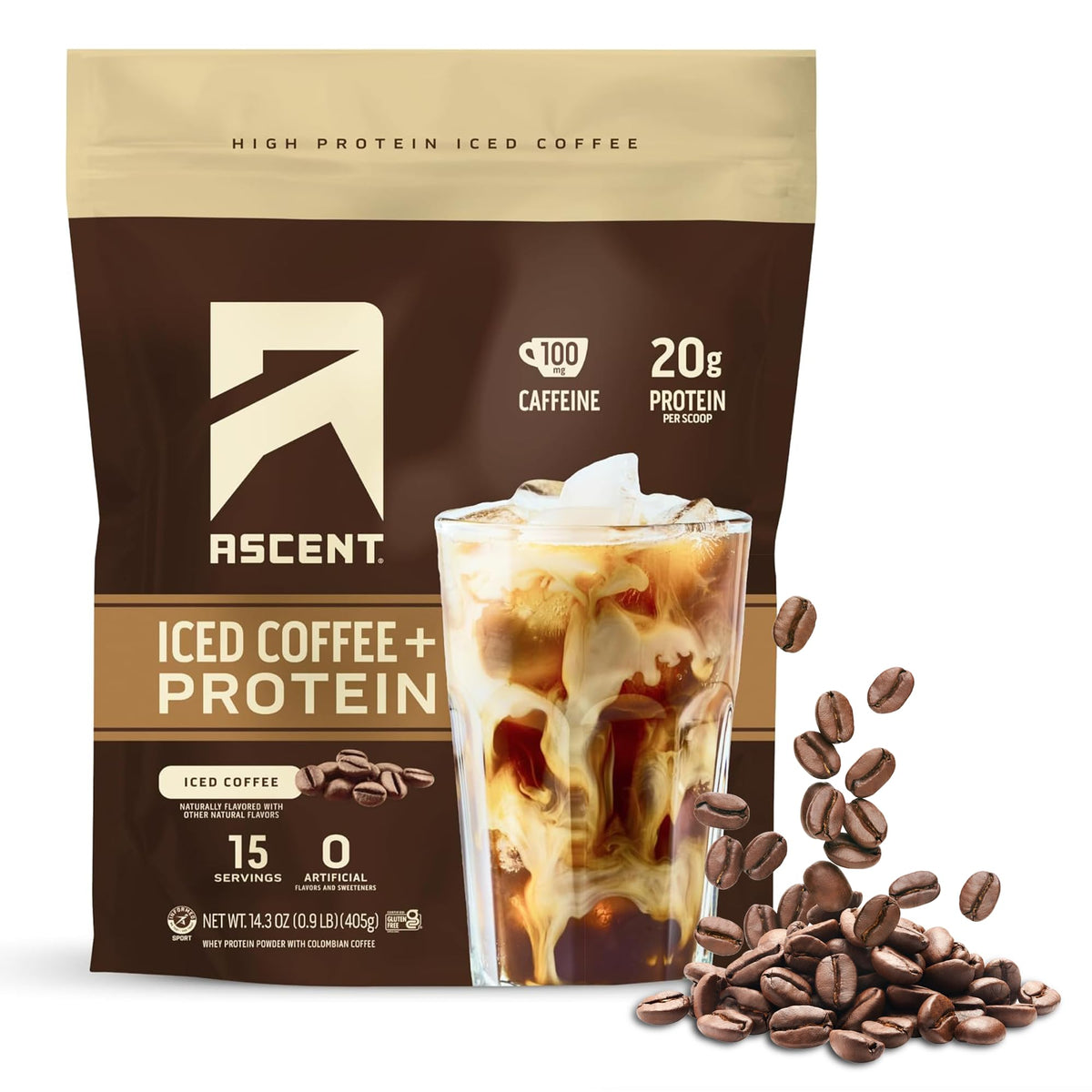 Ascent Iced Coffee Protein Powder canister on kitchen counter ready for a protein boost