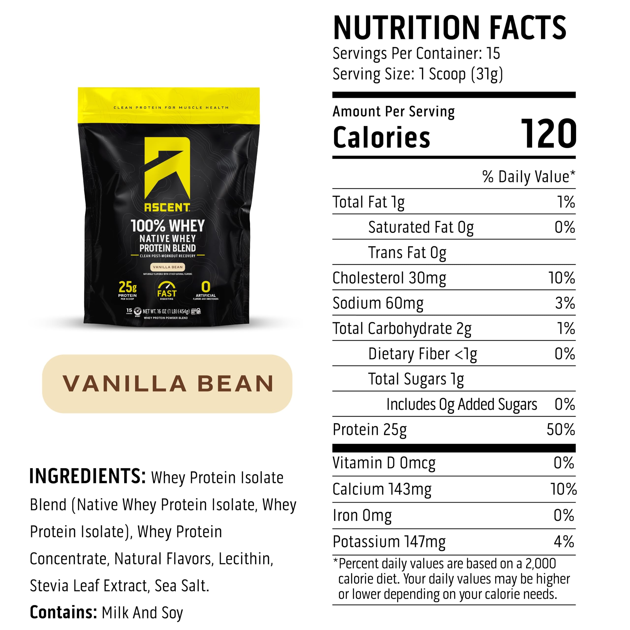 Ascent label shows gluten-free status and clean ingredients at a glance.