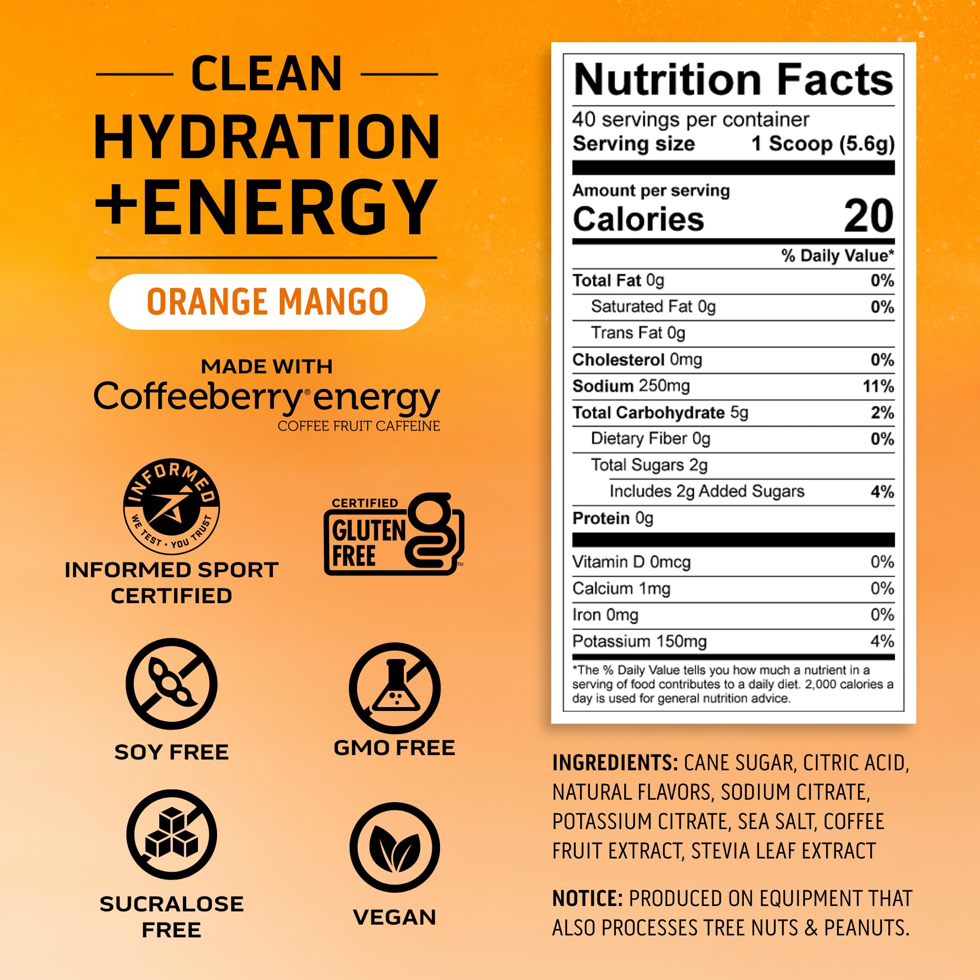 Ascent orange mango powder close-up shows flavor and electrolyte blend