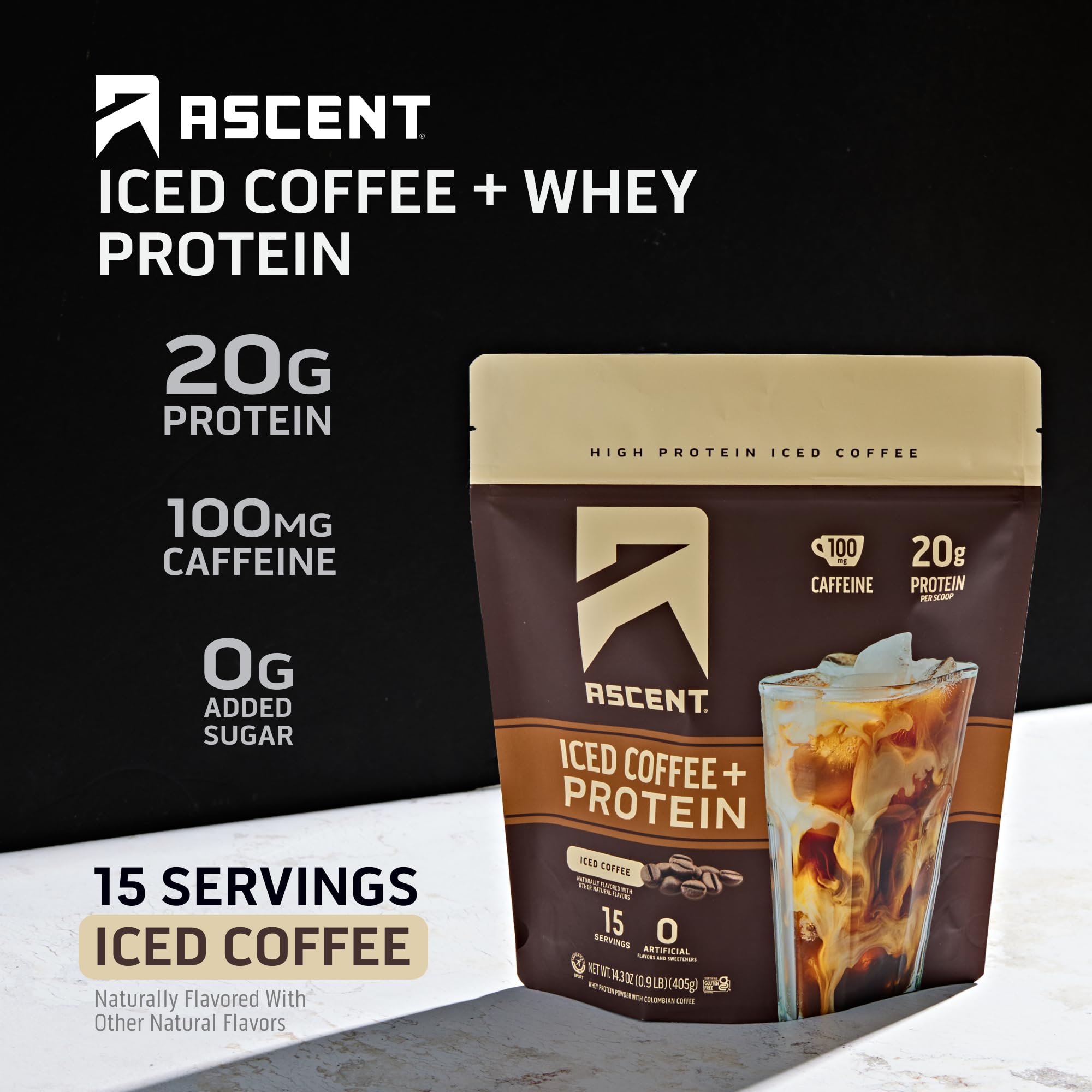 Ascent protein coffee powder scoop beside a glass for quick energy