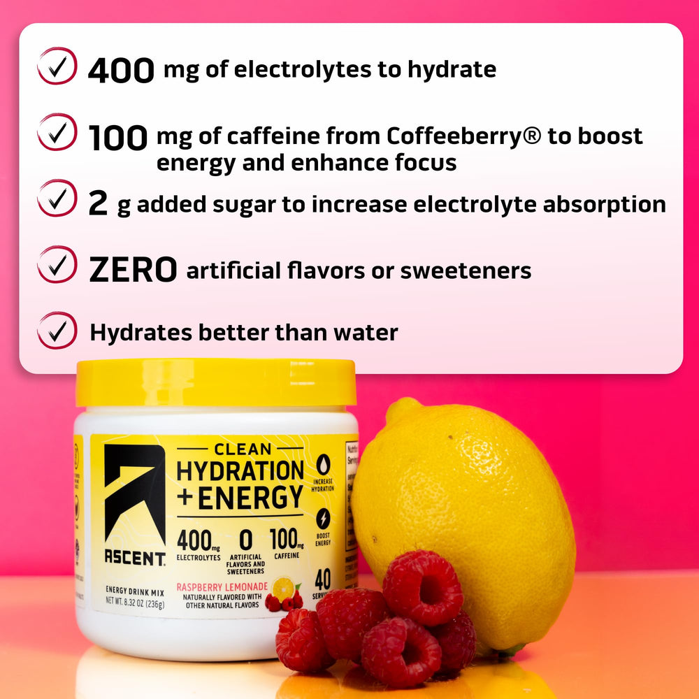 Ascent Raspberry Lemonade powder dissolving in water for refreshing hydration