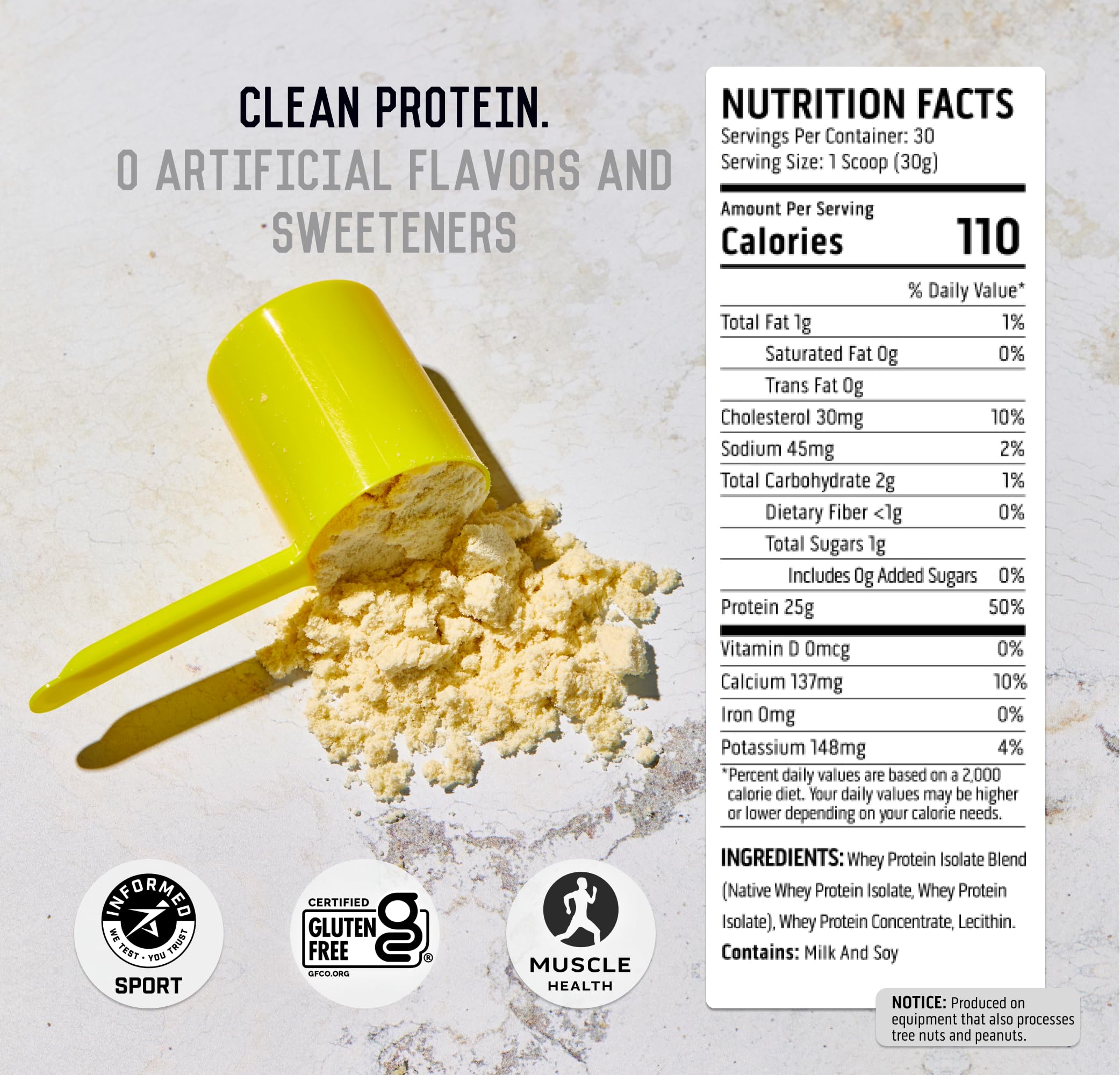 Ascent whey protein gluten-free symbol highlights dietary accessibility.