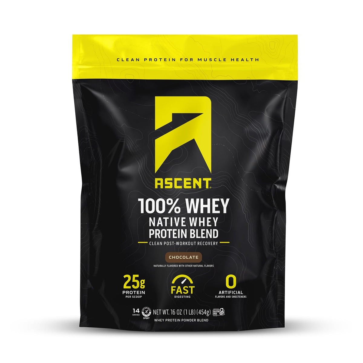 Ascent 100% Whey Protein Powder container highlighting gluten-free formula for post-workout fueling.